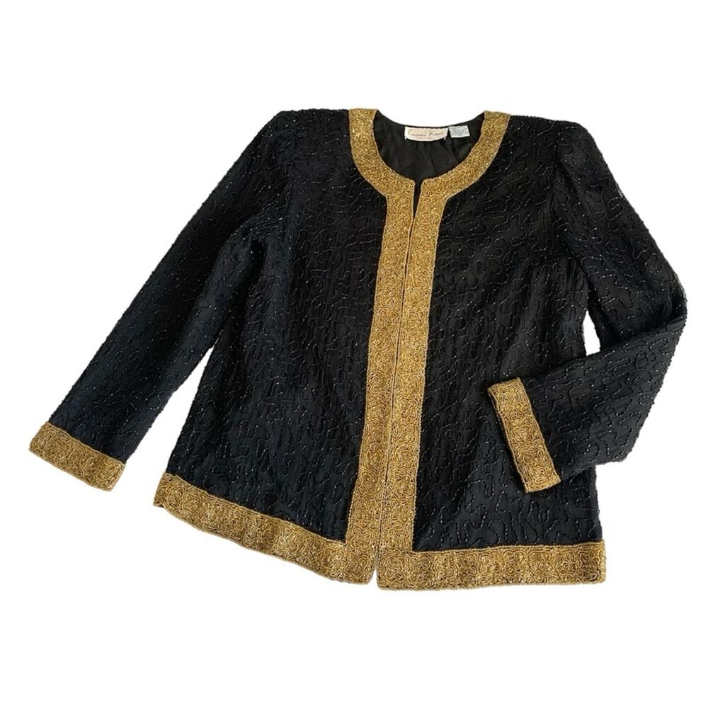 Laurence Kazar Vintage Black Gold Beaded Cocktail Silk Jacket Size Petite Small